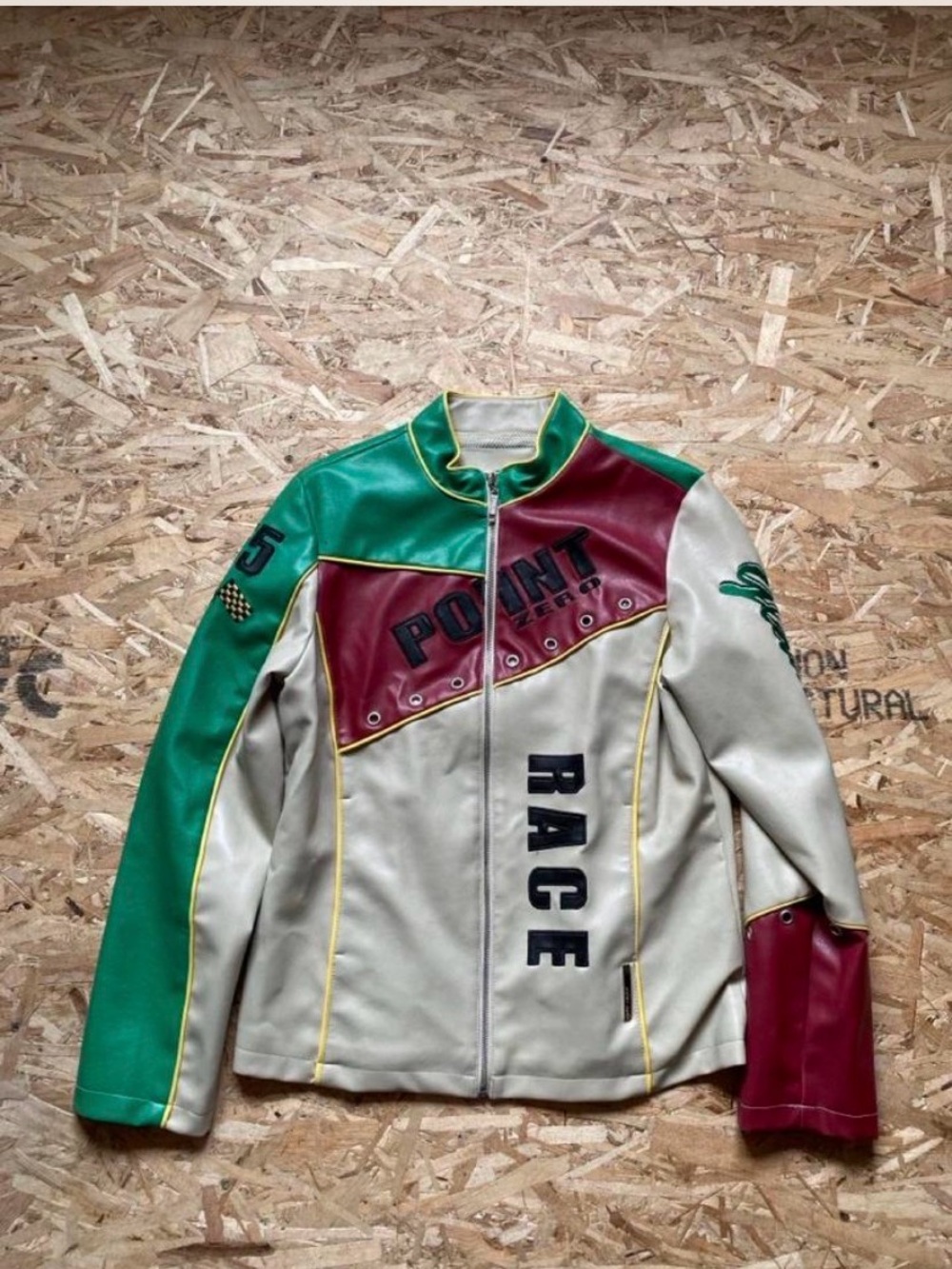 Point Zero Cream, Green & Burgundy Leather Racing Jacket
